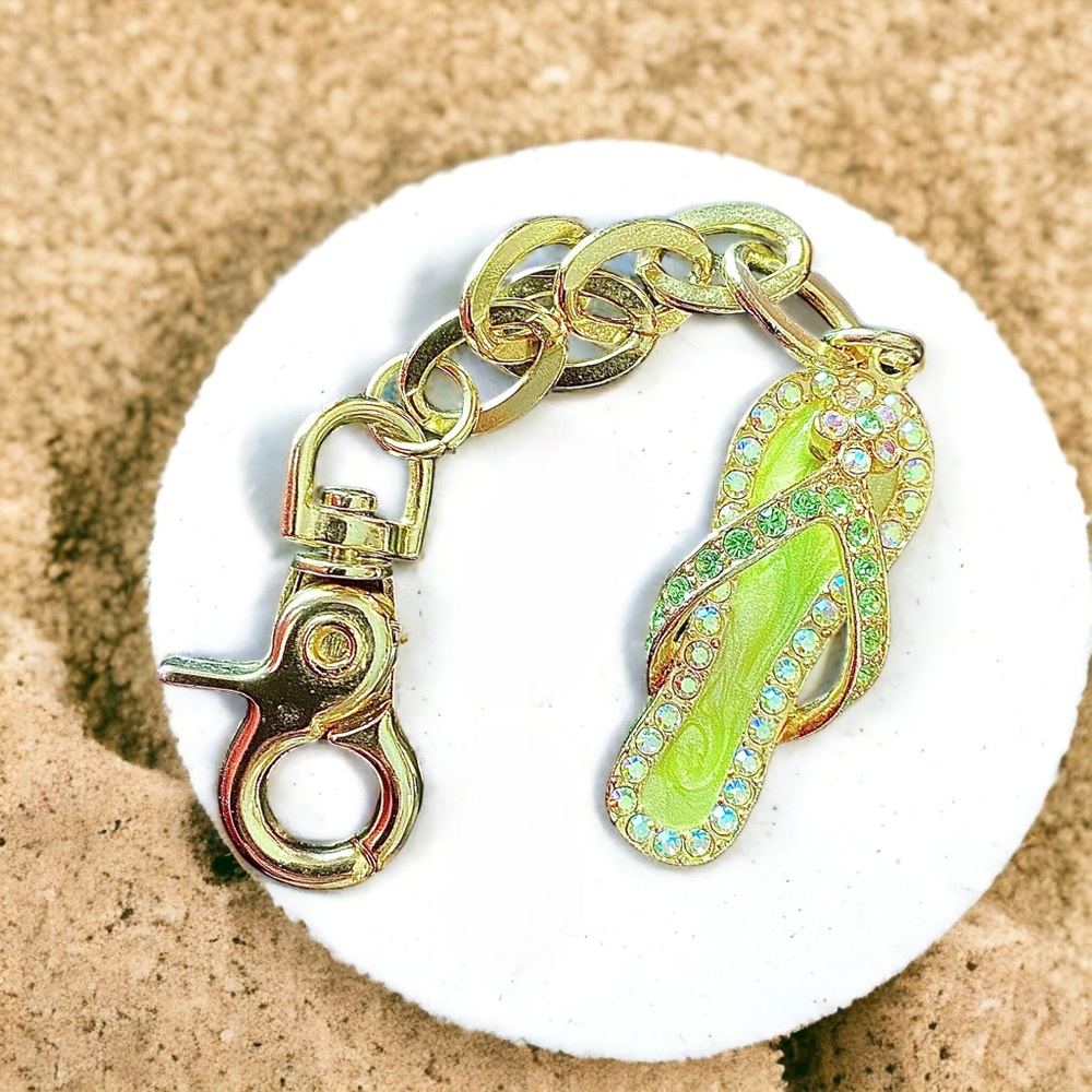Yellow Green Flip Flop Bag Charm on Gold-look Chain With Shimmering Stones